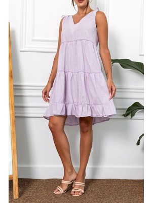 Armonika Kadın Lila V Yaka Fırfırlı Kolsuz Omzu Bağlamalı Elbise ARM-23Y001123