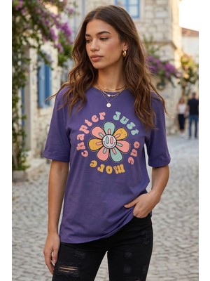 Armonika Kadın Mor Önü Çiçek Baskılı Yanları Yırtmaçlı Pamuklu T-Shirt ARM-26Y137003