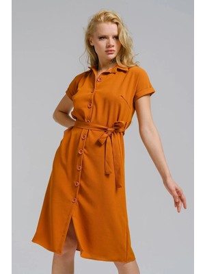 Armonika Kadın Camel Beli Kemerli Kısa Kol Gömlek Elbise ARM-19Y001068
