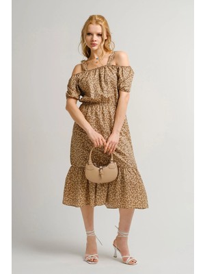 Armonika Kadın Vizon Desenli Beli Lastikli Askılı Elbise ARM-23Y001053