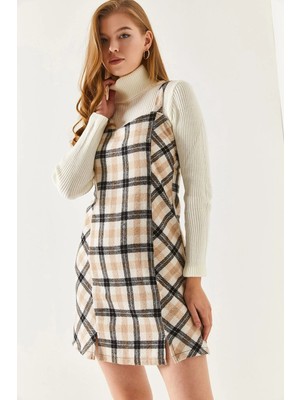 Armonika Kadın Askısı Lastik Detaylı Ekose Desen Fermuarlı Elbise