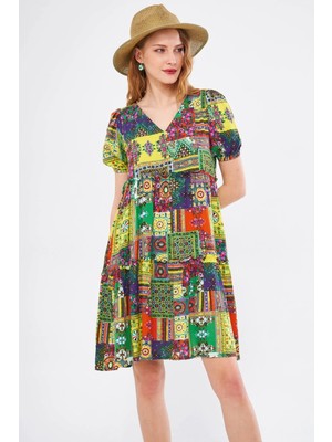 Armonika Kadın Yeşil V Yaka Kısa Kol Desenli Fırfırlı Elbise ARM-24Y001014