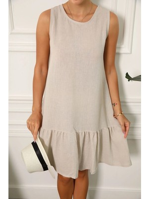 Armonika Kadın Krem Keten Görünümlü Dokulu Kolsuz Eteği Fırfırlı Elbise ARM-23Y001128