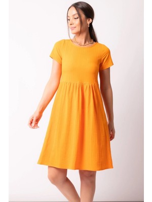 Armonika Kadın Turuncu Sırt Dekolteli Lastik Detaylı Kısa Kol Elbise ARM-23Y001001
