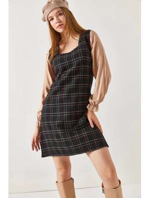 Armonika Kadın Vizon Ekoseli Kare Yaka Uzun Kol Elbise ARM-22Y001182