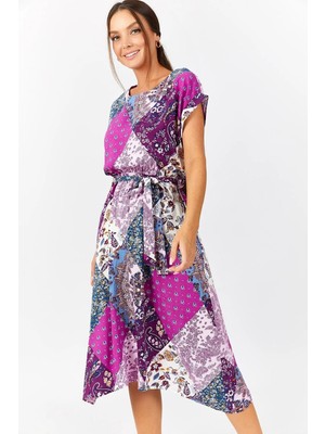 Armonika Kadın Mürdüm Etnik Desen Beli Lastikli Bağlamali Elbise ARM-21K001249