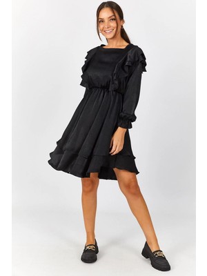 Armonika Kadın Siyah Eteği Katlı Volanlı Saten Elbise ARM-22Y001169