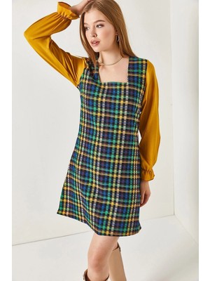Armonika Kadın Hardal Ekoseli Kare Yaka Uzun Kol Elbise ARM-22Y001182
