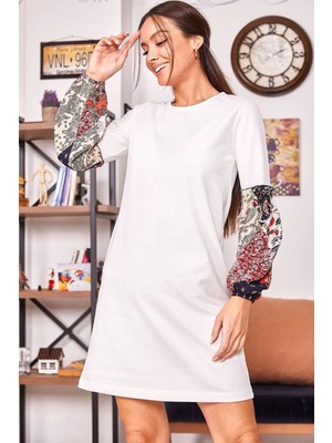 Armonika Kadın Ekru Kolu Renkli Balonlu Elbise ARM-19K001215