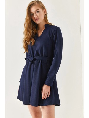 Armonika Kadın V Yaka Beli Lastikli Bağlamalı Kloş Elbise