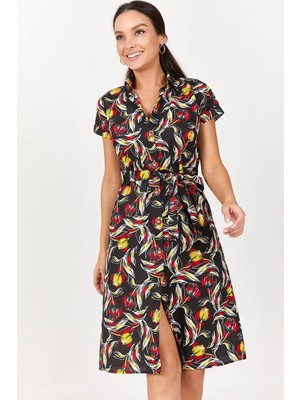 Armonika Kadın Siyah Gül Desen Beli Bağlamalı Kemerli Kısa Kol Gömlek Elbise ARM-22Y001082.