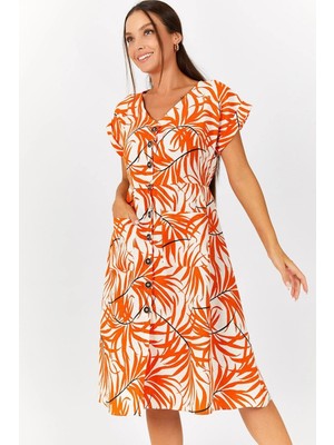 Armonika Kadın Turuncu Yaprak Desen Cepli Önü Düğmeli Elbise ARM-22Y001122