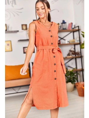 Armonika Kadın Turuncu Askılı Beli Bağlamalı Önü Düğmeli Elbise ARM-22Y001115