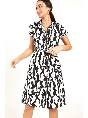 Armonika Kadın Siyah Geometrik Desenli Kemerli Kısa Kol Gömlek Elbise ARM-22Y001056