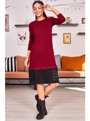 Armonika Kadın Bordo Alti Dantelli Triko Elbise ARM-20K001109