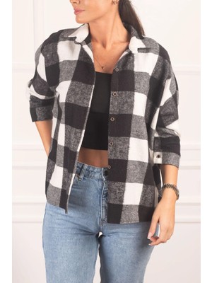 Armonika Kadın Siyah-Beyaz Kare Desenli Salaş Gömlek ARM-22K001052