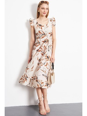 Armonika Kadın Açık Kahve Kolu Fırfırlı Sırtı Fermuarlı Uzun Elbise ARM-23Y001114