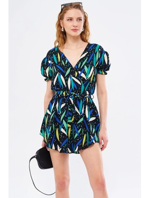 Armonika Kadın Yeşil Dekaepta Tulum Kruvaze Yaka Beli ve Kolu Lastikli Mini Şort Etekli ARM-24Y001040