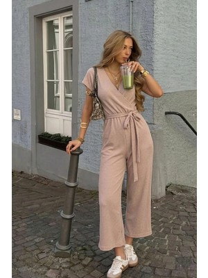 Armonika Kadın Bej Kruvaze Beli Kemerli Tulum ARM-20Y042008