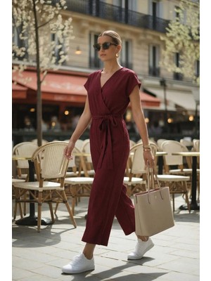 Armonika Kadın Bordo Kruvaze Beli Kemerli Tulum ARM-20Y042008