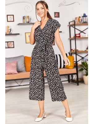 Armonika Kadın Siyah Küçük Çiçekli Kruvaze Beli Kemerli Tulum ARM-22Y001099