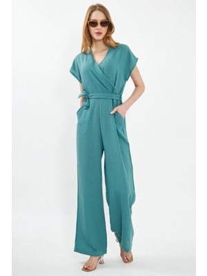 Armonika Kadın Turkuaz Deka Tulum Kruvaze Yaka Kuşaklı Cepli Kolsuz ARM-24Y001031