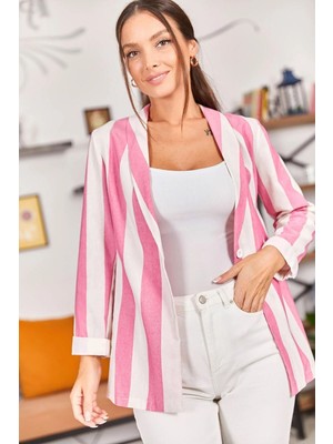 Armonika Kadın Pembe Kalın Çizgili Tek Düğmeli Ceket ARM-22Y001103