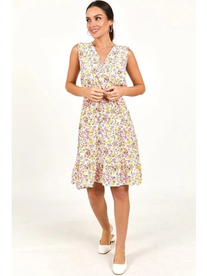 Armonika Kadın Sari Kolsuz Kruvaze Yaka Küçük Çiçekli Beli Lastikli Elbise ARM-22Y001068