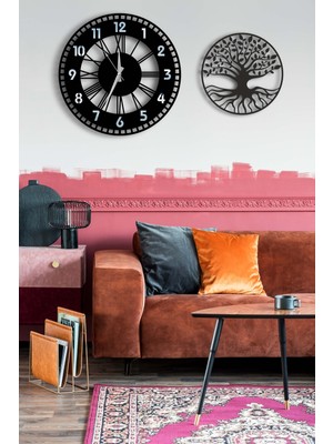 Gümüş Aynalı Dekoratif Duvar Saati ve Yaşam Ağacı Tablo Seti