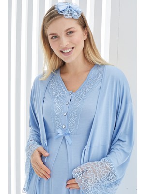 Erdeniz Tekstil Hamile Gecelik ve Sabahlık Takımı/bisiklet Yaka/nefes Alan Pamuk Viskoz Kumaş/şık Danteldetaylı -2’li Set-Pregnant CLOTHING(2269)