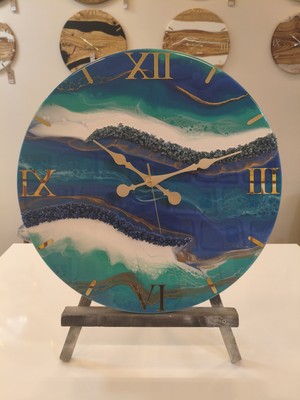 Okyanus Esintisi Lacivert Turkuaz Epoksi Duvar Saati 60 cm