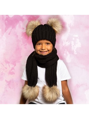 Baby Dora Siyah Kahverengi Ponponlu Kız Çocuk Atkı & Bere Takım 3 - 6 Yaş Sezonluk