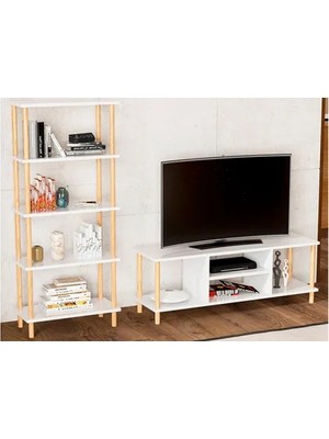 Vivense Tivo Televizyon Sehpası ve Pina Beş Raflı Kitaplık, Beyaz