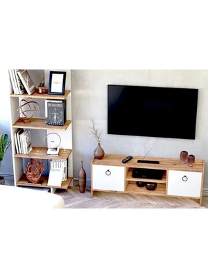 Vivense Moni Tv Ünitesi ve Kitaplık Seti, Beyaz Kapaklı