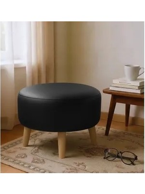 Vivense Deri Yuvarlak Puf, Siyah