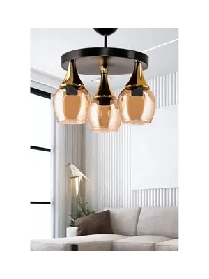 Vivense Üçlü Bal Rengi Camlı Tepsili Sarkıt Avize