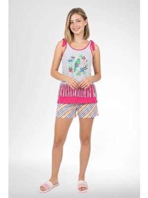 Markalinda 6369 Pembe %100 Pamuk Kadın Askılı T-Shirt Şort Takım