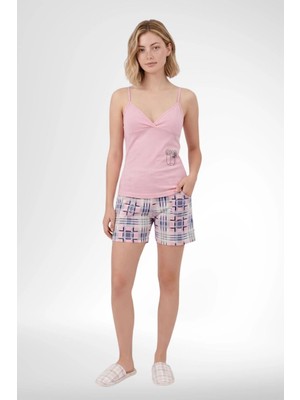 Markalinda 6370 Pembe Kadın Askılı T-Shirt Şort Takım
