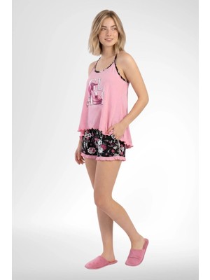 Markalinda 6371 Pembe %100 Pamuk Kadın Ip Askılı T-Shirt Şort Takım