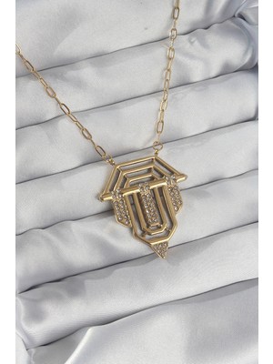 İsmiyle Al Mey Ithalat® 316L Çelik Zincir Gold Renk Zirkon Taşlı Serenay Kolyesi
