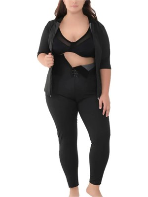 Ultra Yüksek Bel Termal Sauna Tayt ve Fermuarlı Bady Takım Kadın 2XL Regular Kalıp Siyah