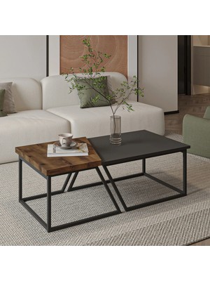 İnarch Dizayn Verona Ikili Orta Sehpa – Modern Tasarım Metal Ayaklı Sehpa Seti, Antik Ceviz/Antrasit