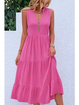 Janes Kadın Askılı V Yakalı Önden Düğmeli Midi Viskon Elbise