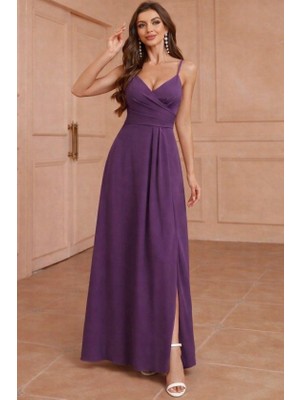 Nnstartshopping  Kadın Ip Askılı Kruvaze Yakalı Yırtmaçlı Uzun Ithal Krep Elbise