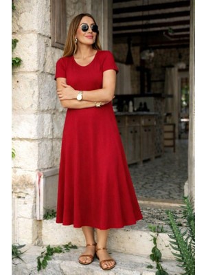 Gacha Kadın Kısa Kollu V Yakalı Yırtmaçlı Midi Viskon Elbise