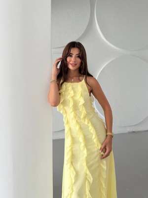 Trend Esinty Kadın Fırfır Detaylı Multişifon Kumaş Maxiboy Elbise