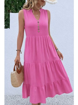 Sun & North Sun&north Kadın Askılı V Yakalı Önden Düğmeli Midi Viskon Elbise