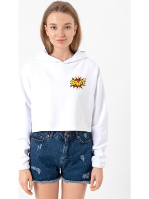 Tshirthane Big Bang Theory Bang Logo Beyaz Optik Kadın Crop Kapşonlu