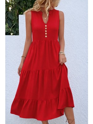 Balmior Kadın Askılı V Yakalı Önden Düğmeli Midi Viskon Elbise