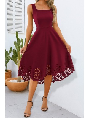 Gacha Kadın Askılı Geometrik Yaka Çiçek Lazer Kesim Ithal Krep Elbise